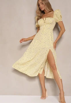 Żółta Sukienka Rozkloszowana z Bufiastymi Rękawami i Wiązaniem w Kwiaty Laviloria