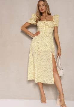 Żółta Sukienka Rozkloszowana z Bufiastymi Rękawami i Wiązaniem w Kwiaty Laviloria
