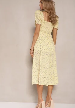 Żółta Sukienka Rozkloszowana z Bufiastymi Rękawami i Wiązaniem w Kwiaty Laviloria