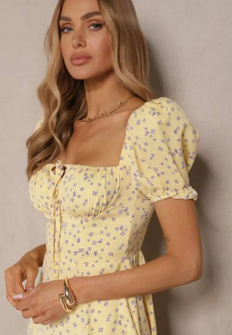 Żółta Sukienka Rozkloszowana z Bufiastymi Rękawami i Wiązaniem w Kwiaty Laviloria