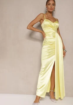 Żółta Sukienka Satynowa z Marszczeniem i Ozdobnym Trenem Katiriva