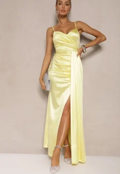 Żółta Sukienka Satynowa z Marszczeniem i Ozdobnym Trenem Katiriva