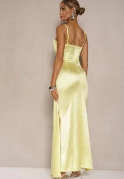 Żółta Sukienka Satynowa z Marszczeniem i Ozdobnym Trenem Katiriva