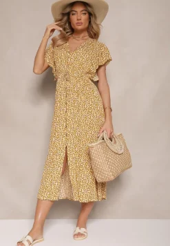 Żółta Sukienka z Bawełny w Cętki o Rozkloszowanym Kroju z Guzikami Aluvellae
