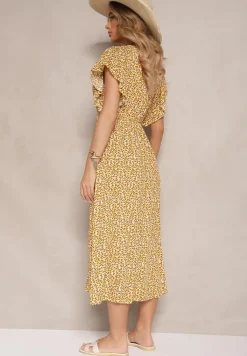 Żółta Sukienka z Bawełny w Cętki o Rozkloszowanym Kroju z Guzikami Aluvellae