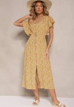 Żółta Sukienka z Bawełny w Cętki o Rozkloszowanym Kroju z Guzikami Aluvellae