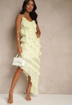 Żółta Sukienka z Falbankami o Asymetrycznym Kroju Linessiela