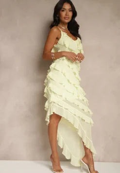 Żółta Sukienka z Falbankami o Asymetrycznym Kroju Linessiela