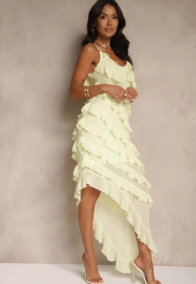 Żółta Sukienka z Falbankami o Asymetrycznym Kroju Linessiela