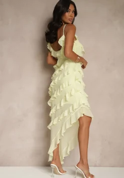 Żółta Sukienka z Falbankami o Asymetrycznym Kroju Linessiela