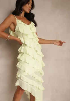 Żółta Sukienka z Falbankami o Asymetrycznym Kroju Linessiela
