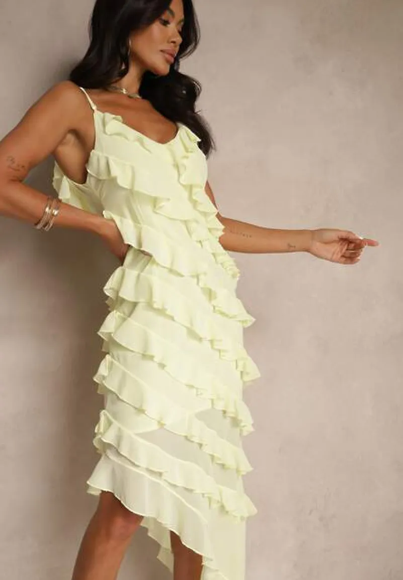 Żółta Sukienka z Falbankami o Asymetrycznym Kroju Linessiela