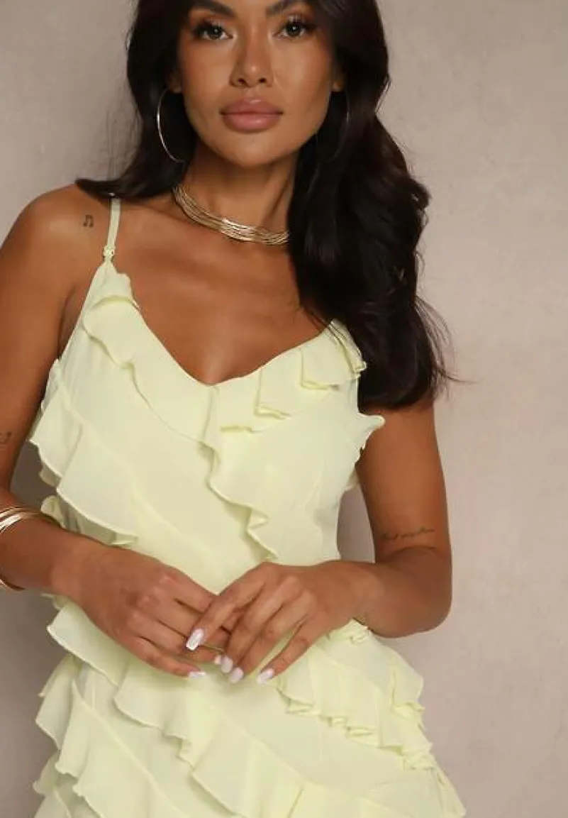 Żółta Sukienka z Falbankami o Asymetrycznym Kroju Linessiela