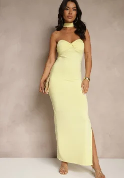 Żółta Sukienka z Wiskozą z Ozdobnym Marszczeniem przy Dekolcie i Rozcięciem Lunitiela