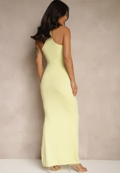 Żółta Sukienka z Wiskozą z Ozdobnym Marszczeniem przy Dekolcie i Rozcięciem Lunitiela
