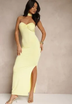 Żółta Sukienka z Wiskozą z Ozdobnym Marszczeniem przy Dekolcie i Rozcięciem Lunitiela