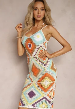 Żółta Szydełkowa Sukienka Midi z Geometrycznym Wzorem z Bawełny Brezana