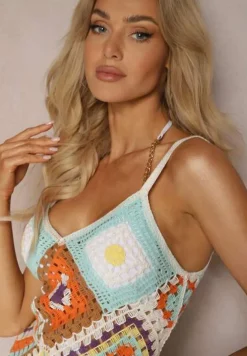 Żółta Szydełkowa Sukienka Midi z Geometrycznym Wzorem z Bawełny Brezana