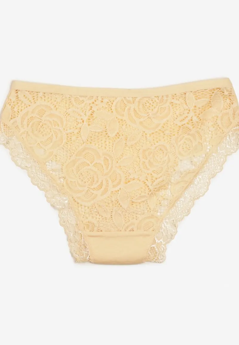 Żółte Bawełniane Majtki Figi z Ozdobną Koronką Fusa