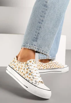 Żółte Casualowe Trampki w Kwiatki Foleriella