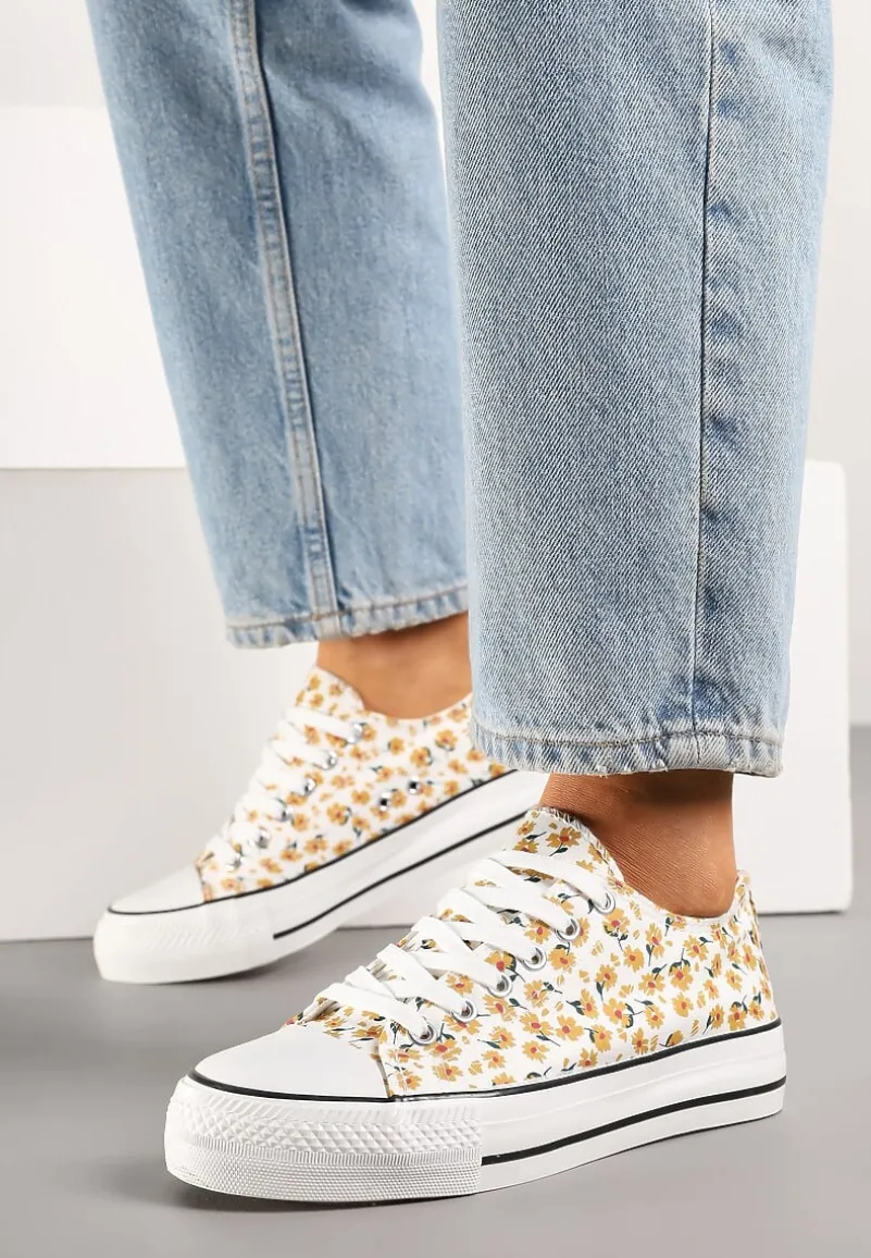 Żółte Casualowe Trampki w Kwiatki Foleriella