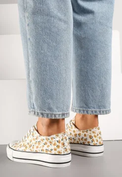 Żółte Casualowe Trampki w Kwiatki Foleriella