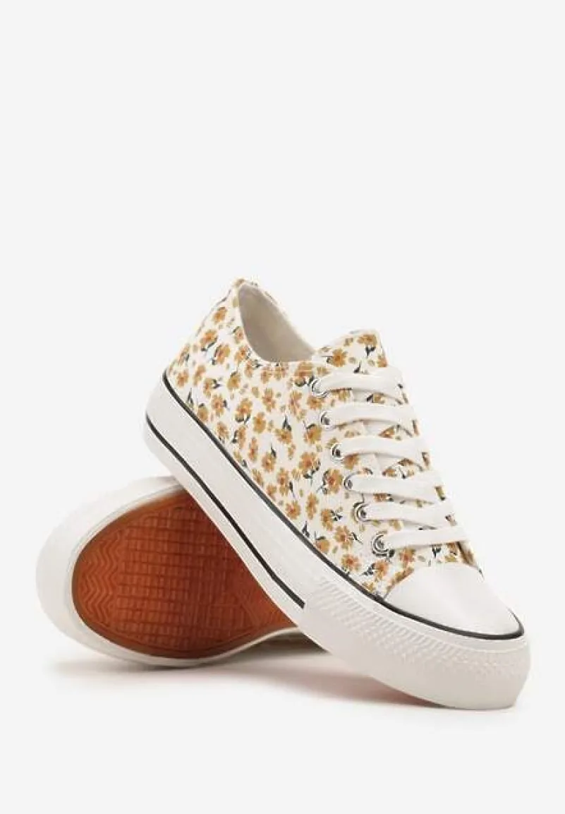 Żółte Casualowe Trampki w Kwiatki Foleriella