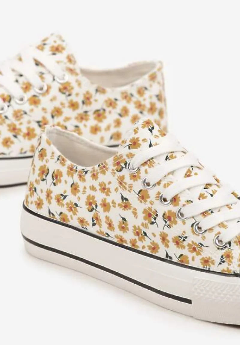 Żółte Casualowe Trampki w Kwiatki Foleriella