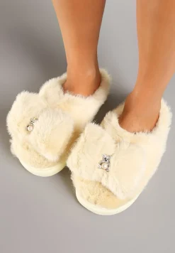 Żółte Futrzane Kapcie Ozdobione Misiem i Kokardą Tinatoria