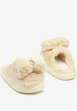 Żółte Futrzane Kapcie Ozdobione Misiem i Kokardą Tinatoria