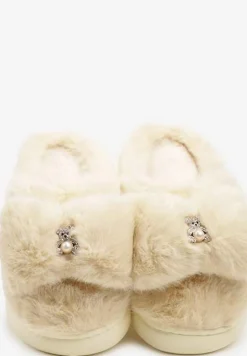 Żółte Futrzane Kapcie Ozdobione Misiem i Kokardą Tinatoria