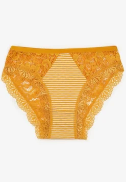 Żółte Majtki Figi Ozdobione Wzorem w Paseczki i Koronką Olibia