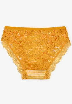 Żółte Majtki Figi Ozdobione Wzorem w Paseczki i Koronką Olibia