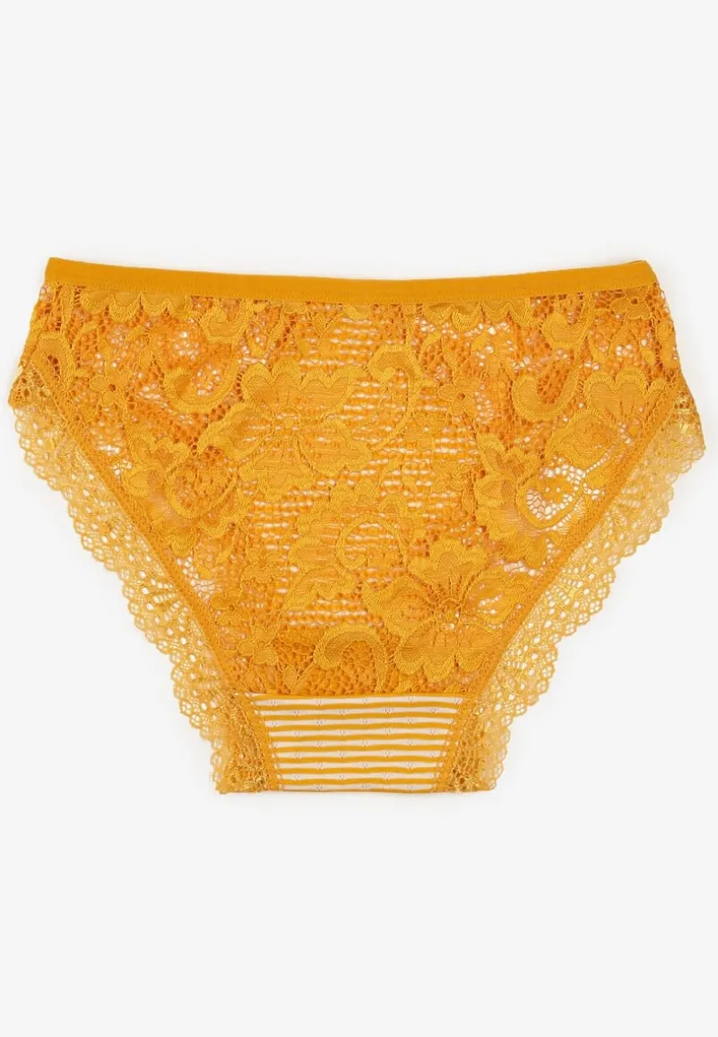 Żółte Majtki Figi Ozdobione Wzorem w Paseczki i Koronką Olibia