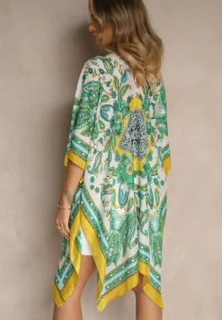 Żółte Ponczo Narzutka z Wiskozy i Jedwabiu w Stylu Boho Acera