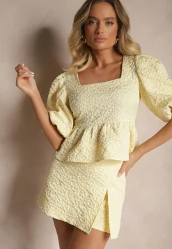 Żółte Spódnico-Spodenki High Waist w Ozdobne Kwiatuszki Nelzemis