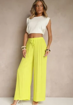 Żółte Szerokie Spodnie High Waist z Gumką w Talii Ilnena