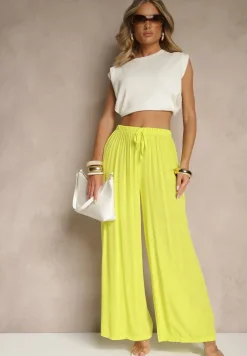 Żółte Szerokie Spodnie High Waist z Gumką w Talii Ilnena