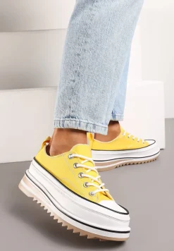 Żółte Trampki na Ozdobnej Platformie ze Sznurowaniem Moonoria