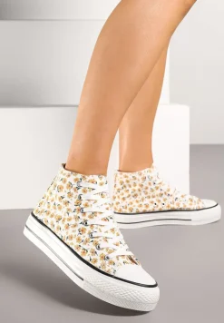 Żółte Trampki z Wysoką Cholewką Zdobione Kwiatowym Printem Folellia