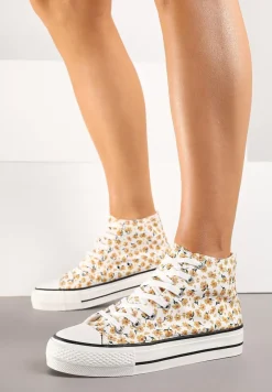 Żółte Trampki z Wysoką Cholewką Zdobione Kwiatowym Printem Folellia