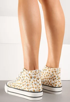 Żółte Trampki z Wysoką Cholewką Zdobione Kwiatowym Printem Folellia