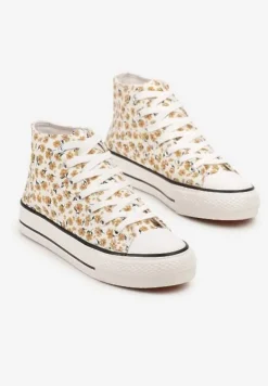 Żółte Trampki z Wysoką Cholewką Zdobione Kwiatowym Printem Folellia