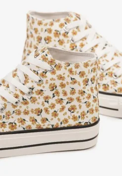 Żółte Trampki z Wysoką Cholewką Zdobione Kwiatowym Printem Folellia