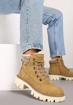 Żółte Traperki Ocieplane Ozdobione Dzianinową Wstawką Evirima