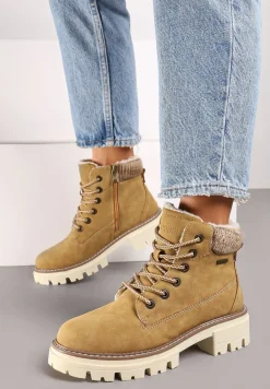 Żółte Traperki Ocieplane Ozdobione Dzianinową Wstawką Evirima