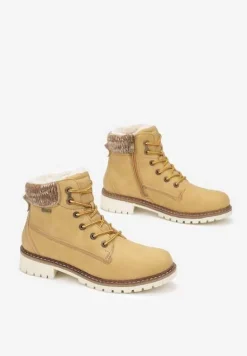 Żółte Traperki Ocieplane Ozdobione Dzianinową Wstawką Evirima