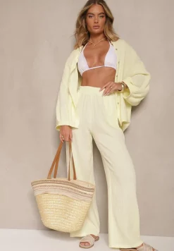Żółty Bawełniany Komplet Muślinowy Oversize z Koszulą i Szerokimi Spodniami Ziorina