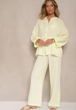 Żółty Bawełniany Komplet Muślinowy Oversize z Koszulą i Szerokimi Spodniami Ziorina