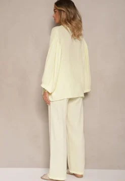 Żółty Bawełniany Komplet Muślinowy Oversize z Koszulą i Szerokimi Spodniami Ziorina
